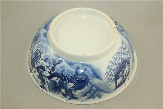 A Chinese blue and white European subject bowl, late 18th / early 19th century, 27cm, damage